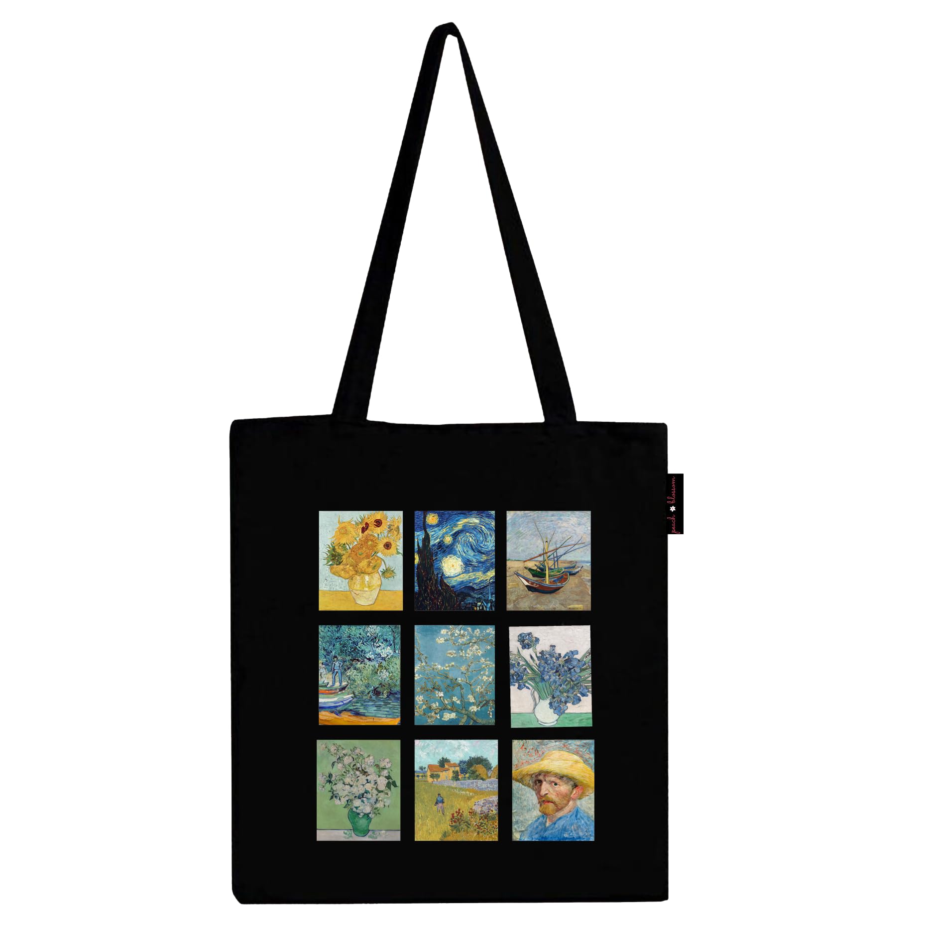 Peach Blossom Van Gogh Printed Tote Bag for Women with Zip, Stylish Cotton Handbags, Canvas Tote Bags for College (Black_VanGoghNineBoxart)