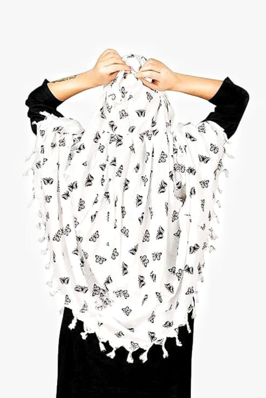 Vinsh Enterprise Cotton Long Scarf Cum Mask Scarves Usable for Vehicle Driver | White Printed Design | Universal Size | For Girl & Women | Soft & Breathable Sun Protection (Butterfly)