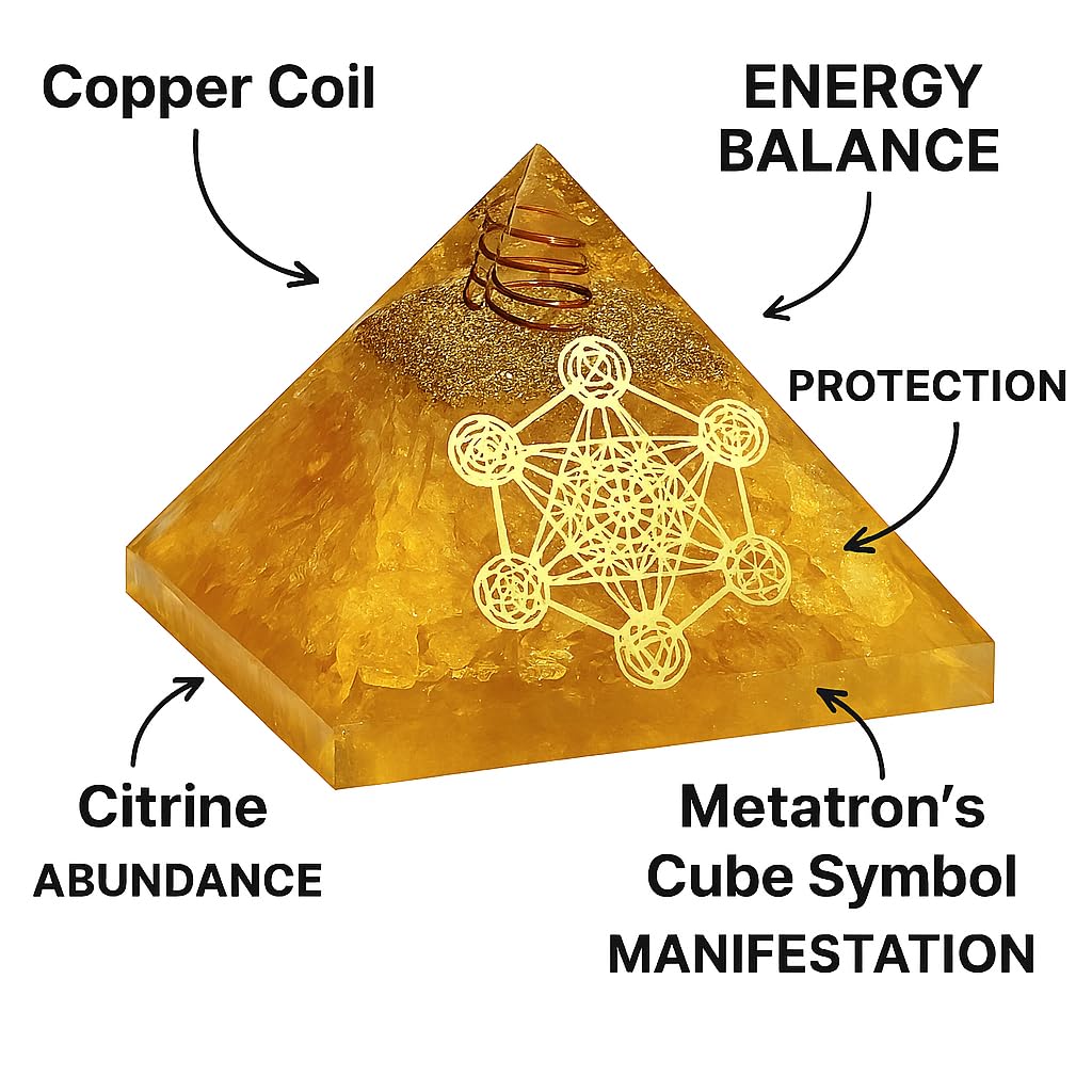 NAKSHATRA ENTERPRISE Spiritual Healing Collection with Pyrite Frame, Orgone Pyramid, Crystal Tree, Vastu Decor for Home & Office, Positive Energy & Wealth (Citrine Orgone Pyramid)