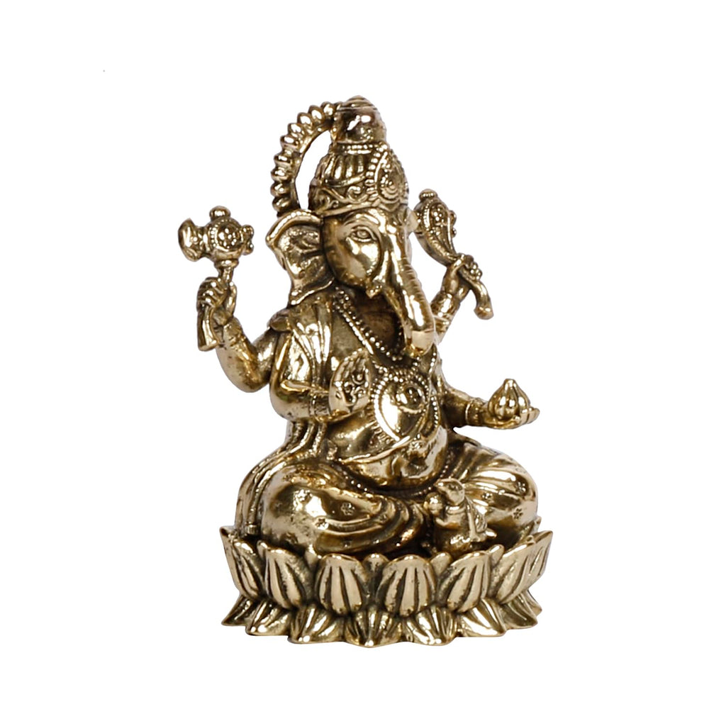 ARTVARKO Brass Ganesha Lord Ganesh Sitting on Lotus Bhagwan Idol Ganpati Murti Statue for Home Office Entrance Decor Gift 3.25 Inch