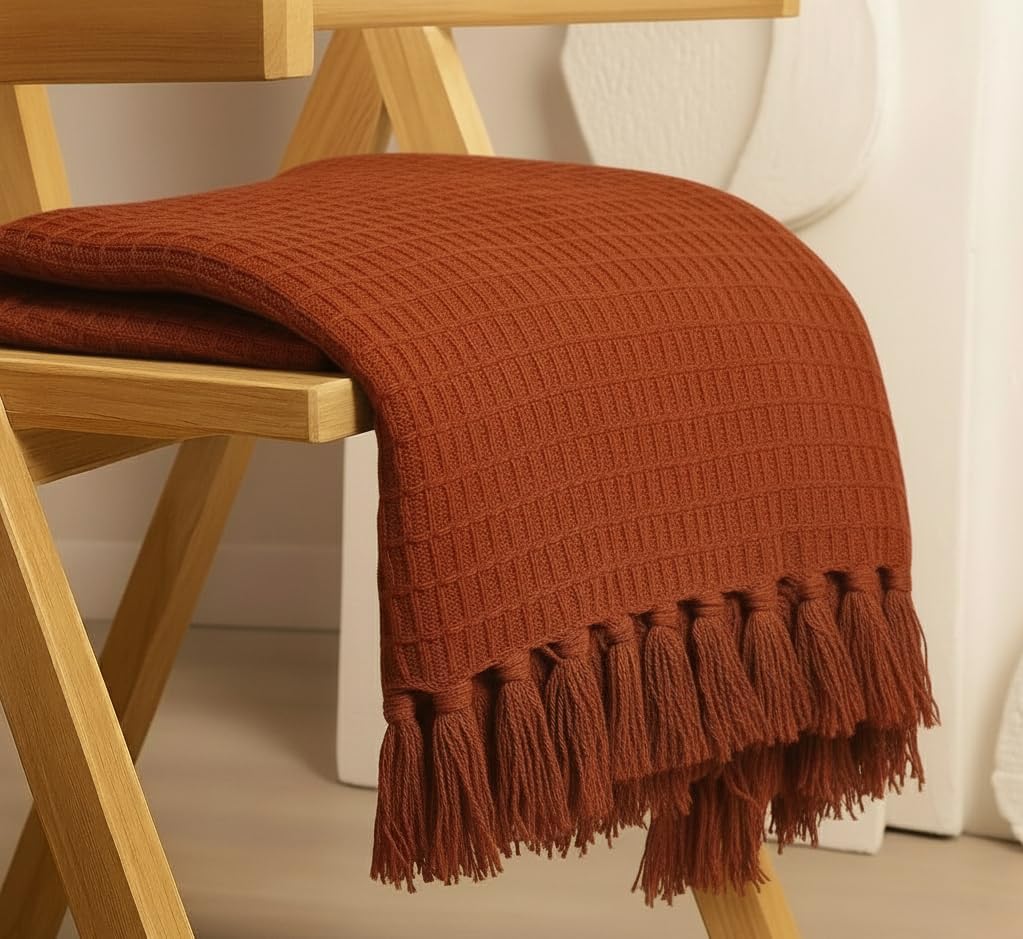 KNIT VIBES 100% Cotton Waffle Weave Sofa Throw Blanket 50x60 Inches or 125x150 cms Lightweight, Soft & Breathable Couch, Bed or Chair Throw Blanket for Living or Bedroom, Rust Kafalo