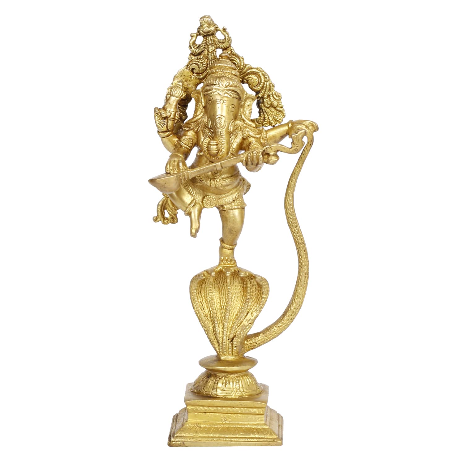 Svarup Brass Dancing Ganesha on a Snake Head with Playing Veena, Lord Dancing Ganesh on Snake, Ganpati, Temple Puja Home Decor Gift 10.5 Inch.