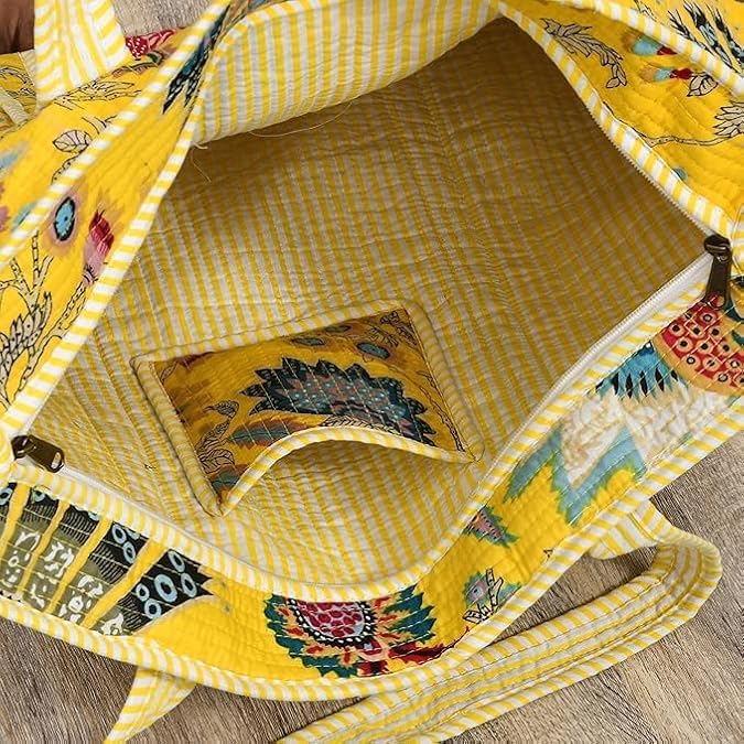 Cotton Quilted Tote Bag for Women, Jungle Print Handbag, Reusable Shoulder Bag with Dual Handles, Lightweight Travel Shopping Tote, Large Capacity Everyday Carry Bag - (Yellow flower bag, 15×15 In)