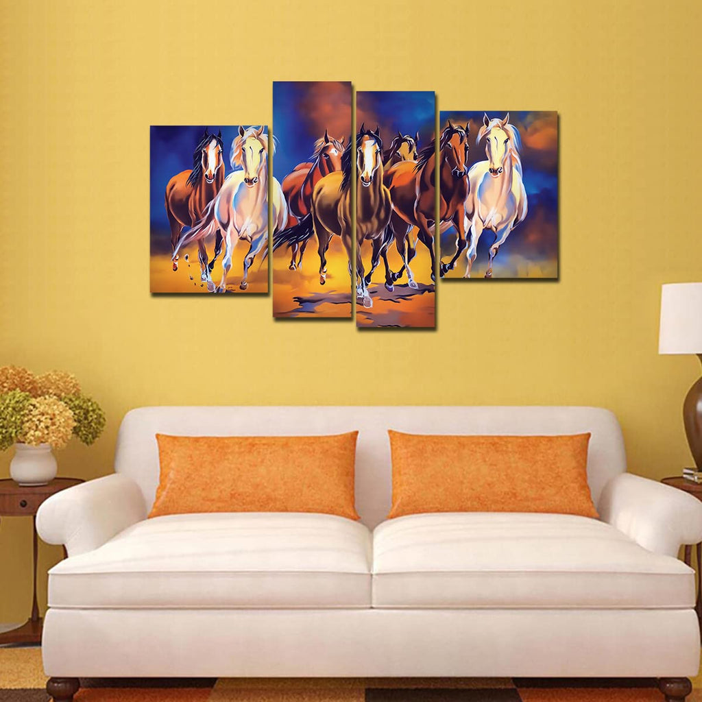 VIBECRAFTS Seven Horses Running 4 Pieces Canvas Wall Painting Fitted With Wooden Frame For Home | Office | Living Room | Gifts (PTVC4Pcs2_14505)