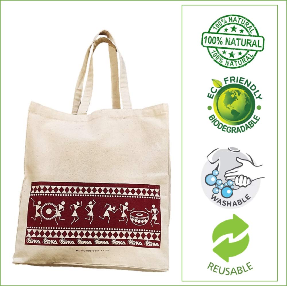 Arka Home Products Unisex-Adult Shopping Bag - Warli Print - 100% Cotton, Reusable, Printed Canvas Bag, Off White Maroon