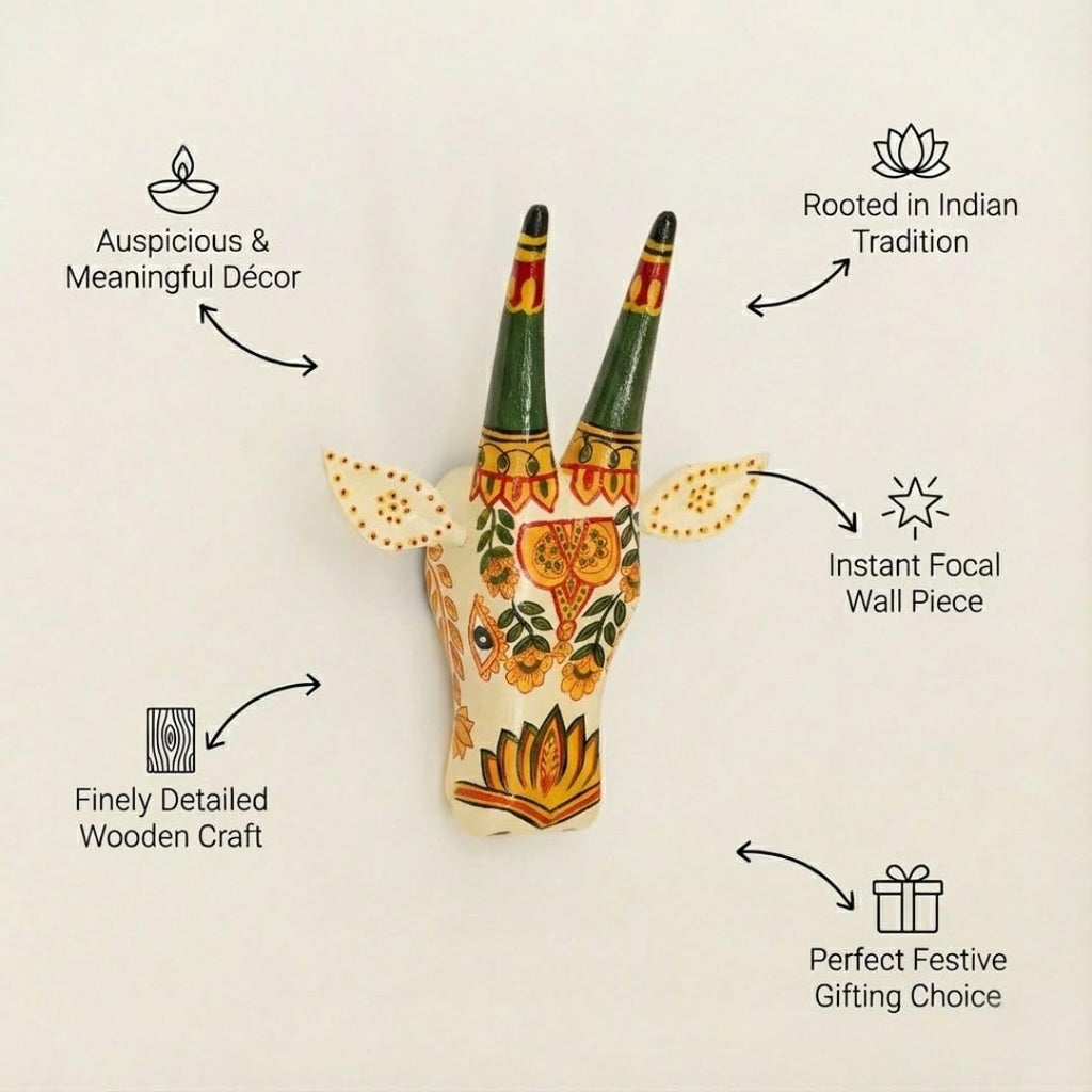 ATRANGI STUDIO Handpainted Wooden Cow Head Wall Decor | Ethnic Wall Art | Symbol of Prosperity | Wall Hanging for Home, Temple & Puja Room | Ready to Hang | 12 Inch, White