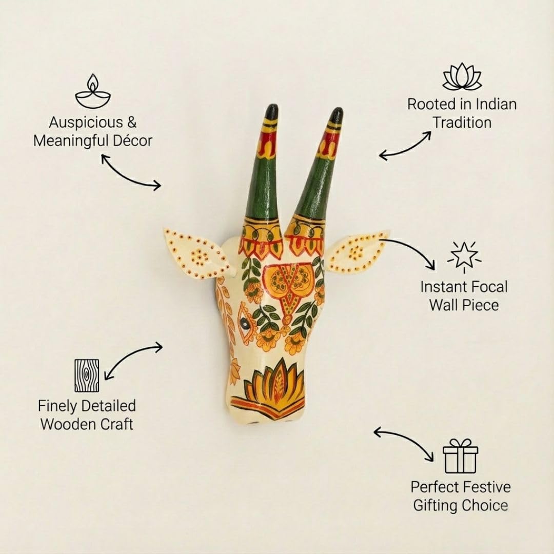 ATRANGI STUDIO Handpainted Wooden Cow Head Wall Decor | Ethnic Wall Art | Symbol of Prosperity | Wall Hanging for Home, Temple & Puja Room | Ready to Hang | 12 Inch, White