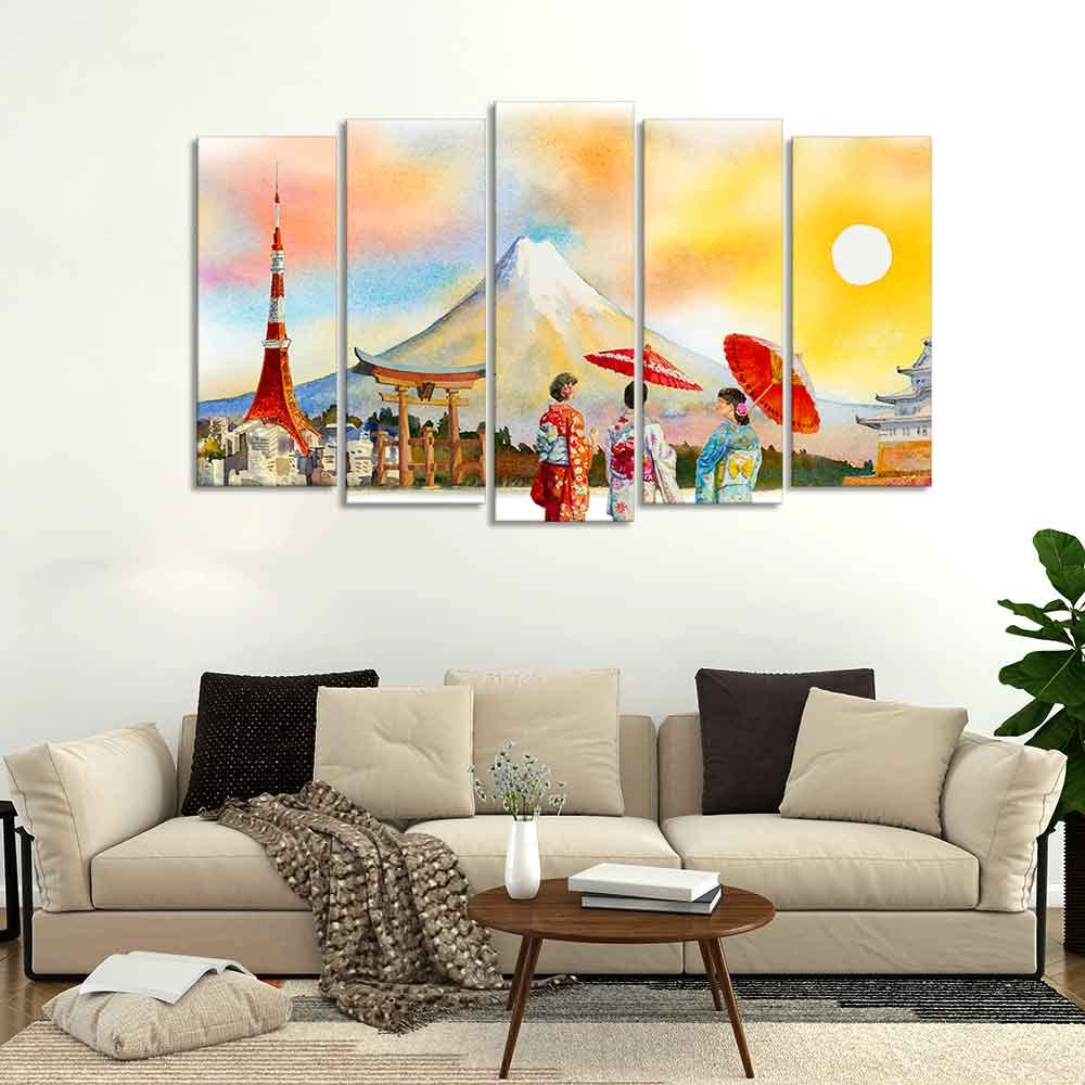 VIBECRAFTS Famous Places of Japan Canvas Wall Painting Set of Five For Home|Office|Living Room|Gift (PTVC5Pcs2_6547)