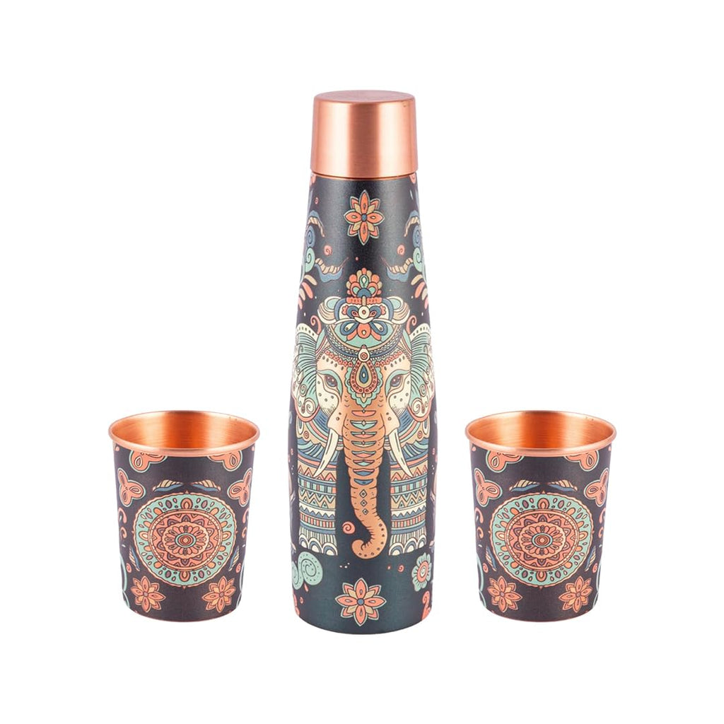 Vip luxe Designer Pure Copper Bottle & Glass Set with Elephant & Mandala Design – 900ml Bottle + 2 x 250ml Glasses | Heavy-Gauge Ayurvedic Gift Set for Wellness