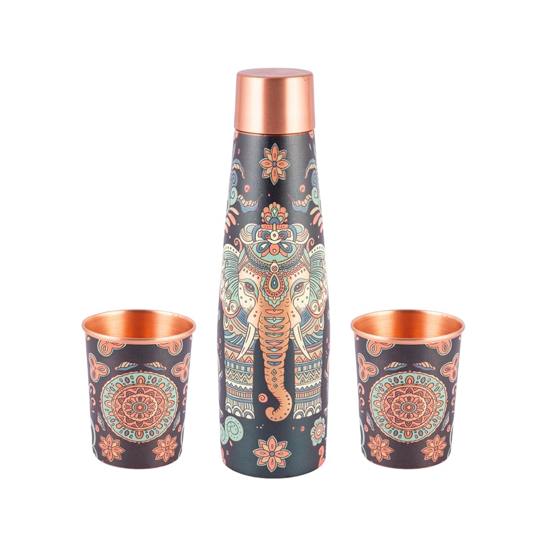 Vip luxe Designer Pure Copper Bottle & Glass Set with Elephant & Mandala Design – 900ml Bottle + 2 x 250ml Glasses | Heavy-Gauge Ayurvedic Gift Set for Wellness