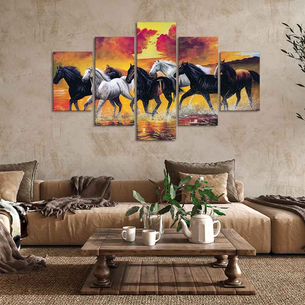 VIBECRAFTS Running Seven Horses Wall Painting Five Pieces For Home|Office|Living Room|Gift (PTVC5Pcs1_5527)