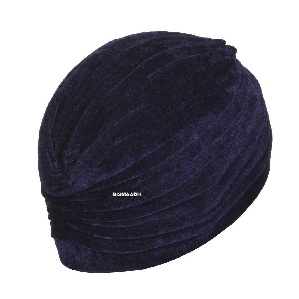 BISMAADH Velvet Soft Pleated Pre Tied Knot Readymade Turban/Pagri Head Wraps for Men & Women Blue