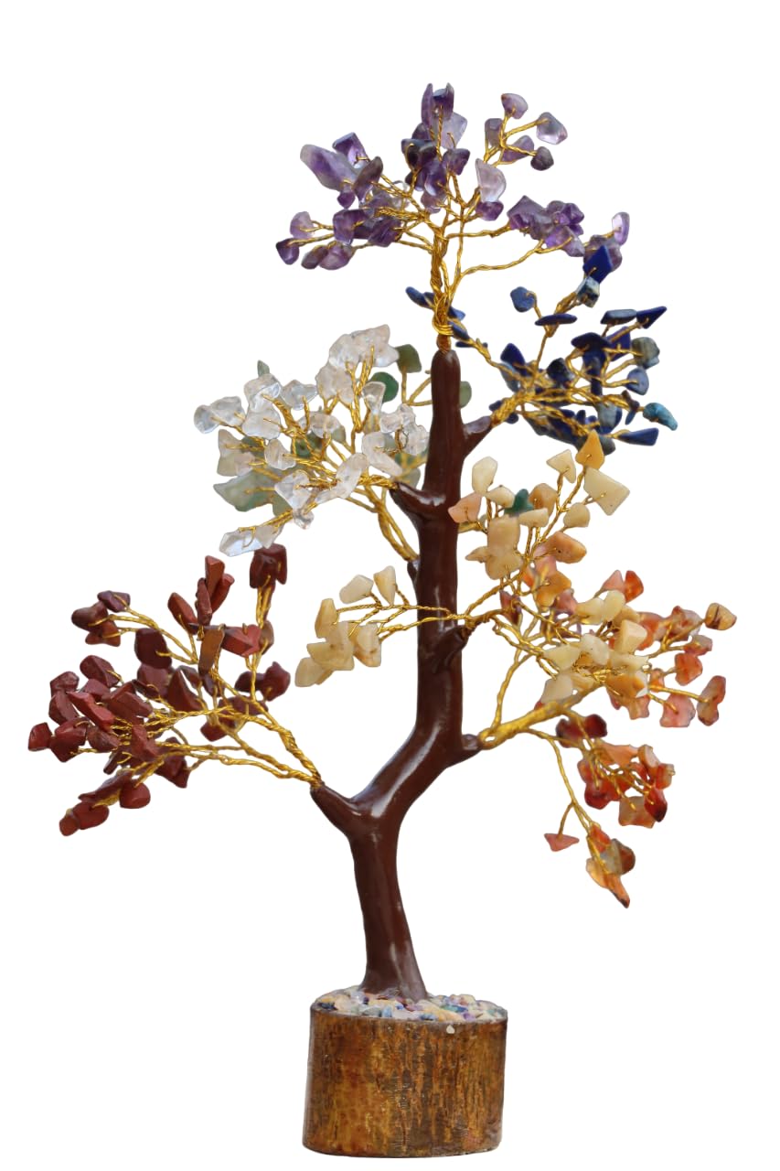 JABRESHWAR CRYSTAL Natural 7 Chakra Layered Golded Wire l Stone Tree for Vastu 300 Beads Reiki Healing Crystal Multicolor Good Luck Tree for Home Decor (Medium Height 10-12 Inch)