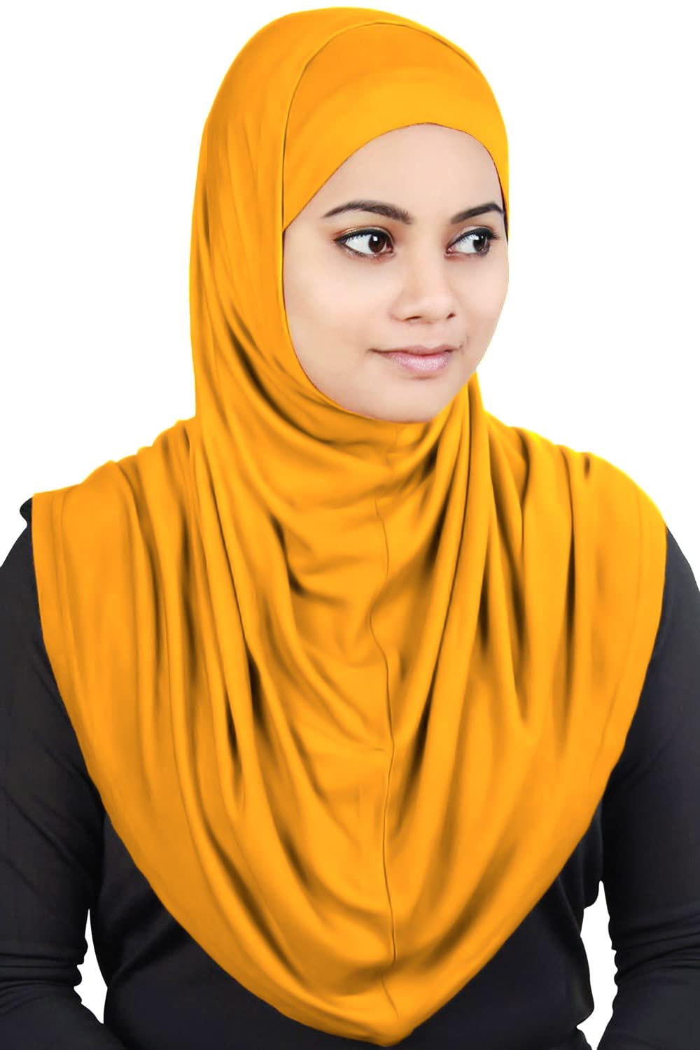MyBatua Women's 2-Piece Al-Amira Hijab with Under Scarf/Cap/Bonnet in Soft Viscose Jersey, Ready to Wear HJ-129 (Yellow Orange)