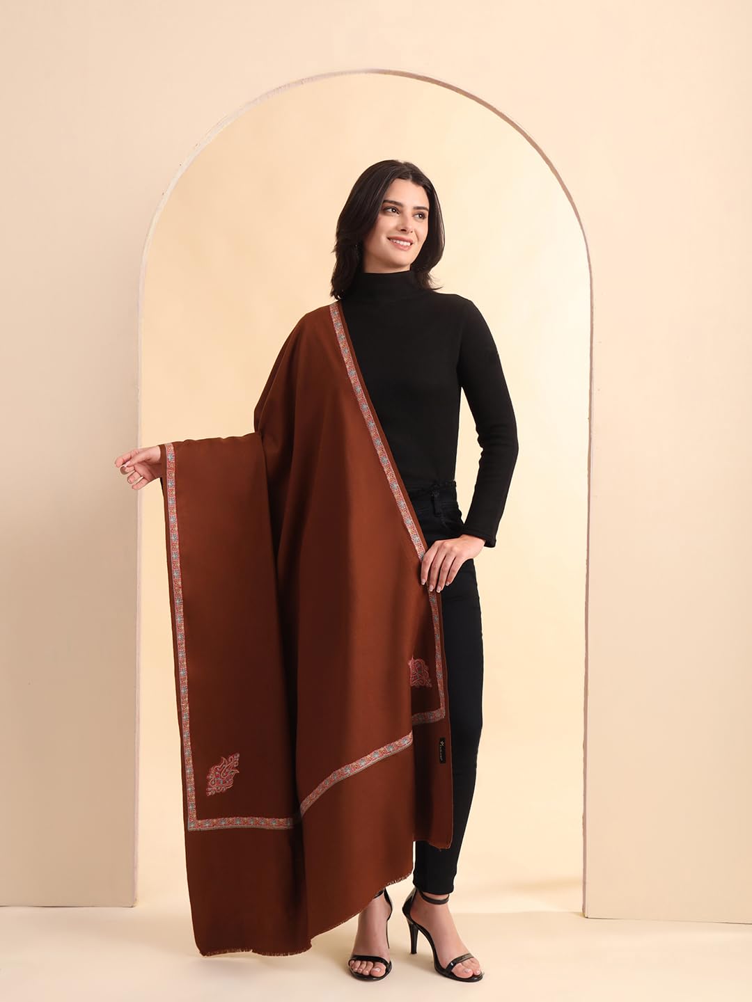 Zamour Kashmiri Pashmina Style Fine Kingri Embroidery Woollen Shawls for Winter (Brown)