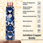 MERCAPE Pure Copper Water Bottle 900ml | Jointless Design | Leak Proof Copper Bottle with Printed Blue Geometric Pattern | Reusable Water Bottle for Home, Office, Gym & Travel