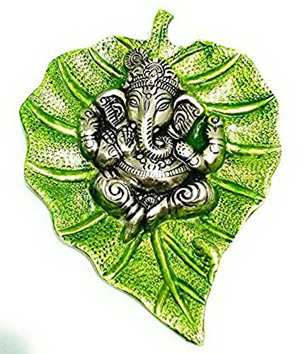 Prince Home Decor & Gifts Multicolour Handmade Decorative Feng Shui Metal Pan Leaf Hanging Ganesh Ji Statue (Silver Green)