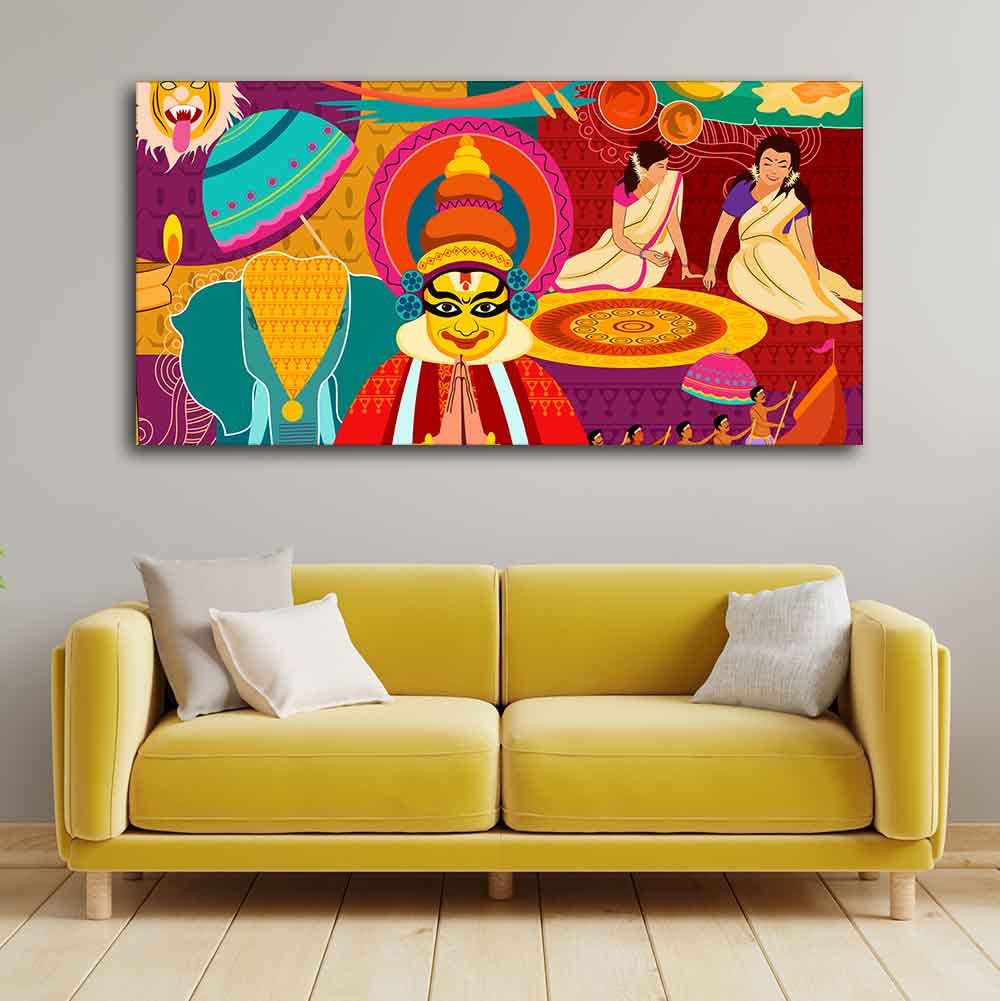 VIBECRAFTS Celebration Onam Festival Premium Canvas Wall Painting With Frame for Living Room Drawing Room Home|Office|Gift (PTVCH_2220)