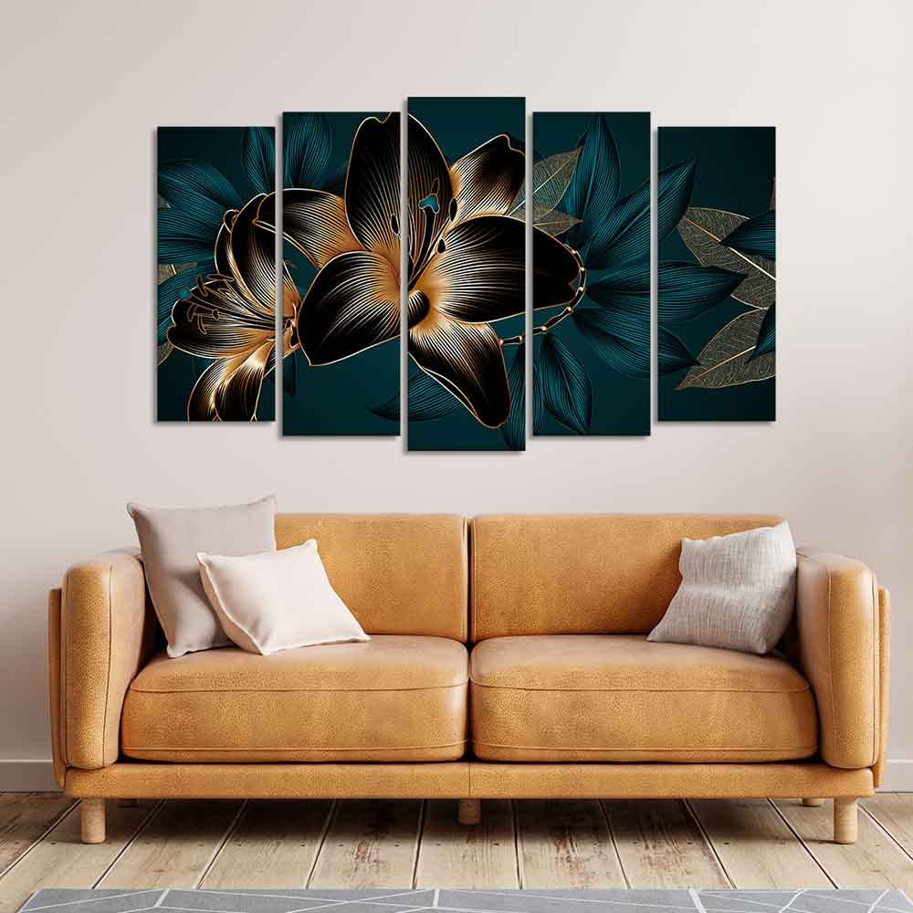 VIBECRAFTS Beautiful Lilies Flowers Canvas Wall Painting Set of Five Pieces For Home|Office|Living Room|Gift (PTVC5Pcs2_6594)