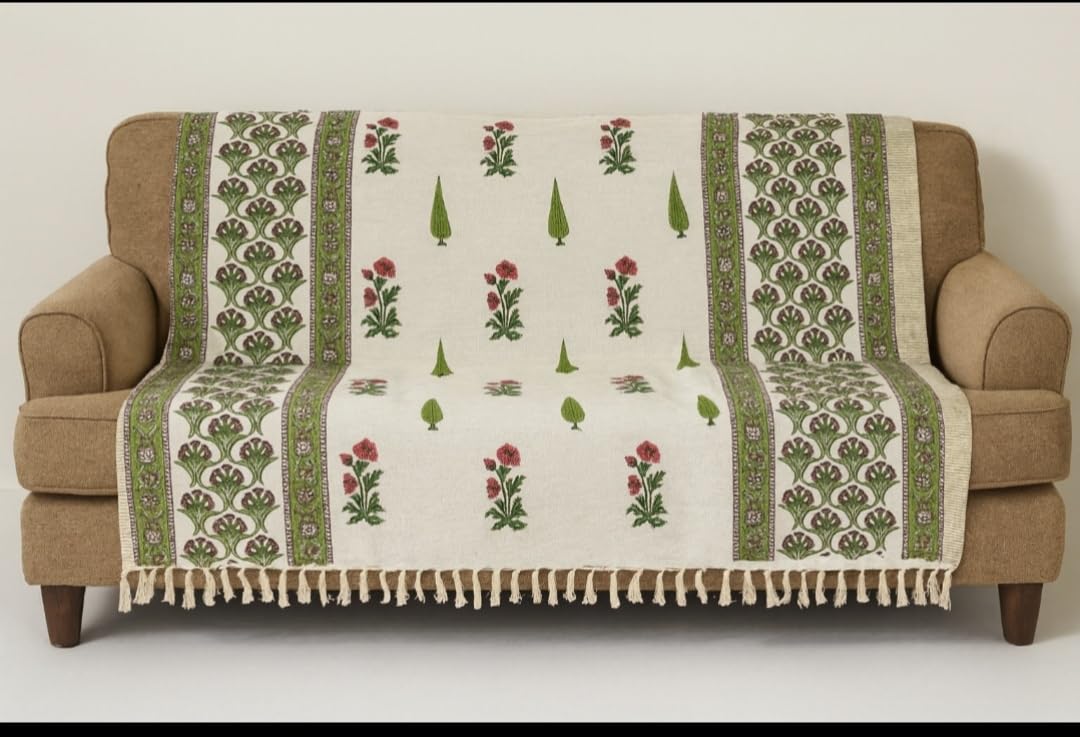 JutiePie Cotton Woven Throw Blanket with Tassels for Sofa, Bed & Couch | 3 Seater(52x75 Inch) Beige & Light Green Floral Design | Soft, Lightweight, Breathable Coverlet for Living Room, All Season Use Kafalo