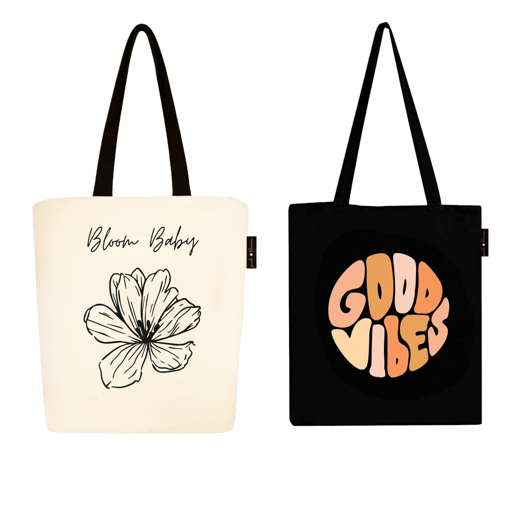 Peach Blossom Tote Bags With Zip, 100% Cotton Shopping/Grocery Bag, Multi-Purpose Canvas Bag 5kgs Capacity, Single Pack (Cbag_ZIP_WhiteBloomBby_BlackGoodvibe)