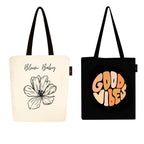 Peach Blossom Tote Bags With Zip, 100% Cotton Shopping/Grocery Bag, Multi-Purpose Canvas Bag 5kgs Capacity, Single Pack (Cbag_ZIP_WhiteBloomBby_BlackGoodvibe)