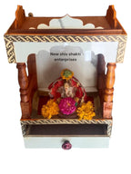 Wooden Home Temple Mandir with Decorative Border, Traditional Design with Pillars, White and Brown