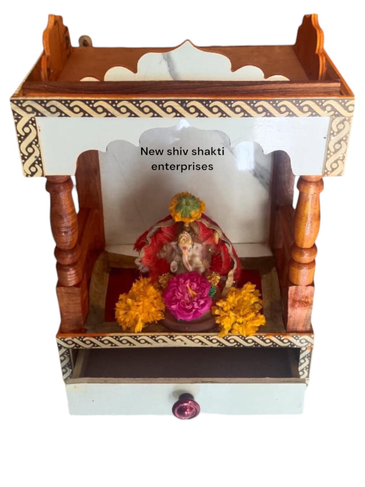Wooden Home Temple Mandir with Decorative Border, Traditional Design with Pillars, White and Brown