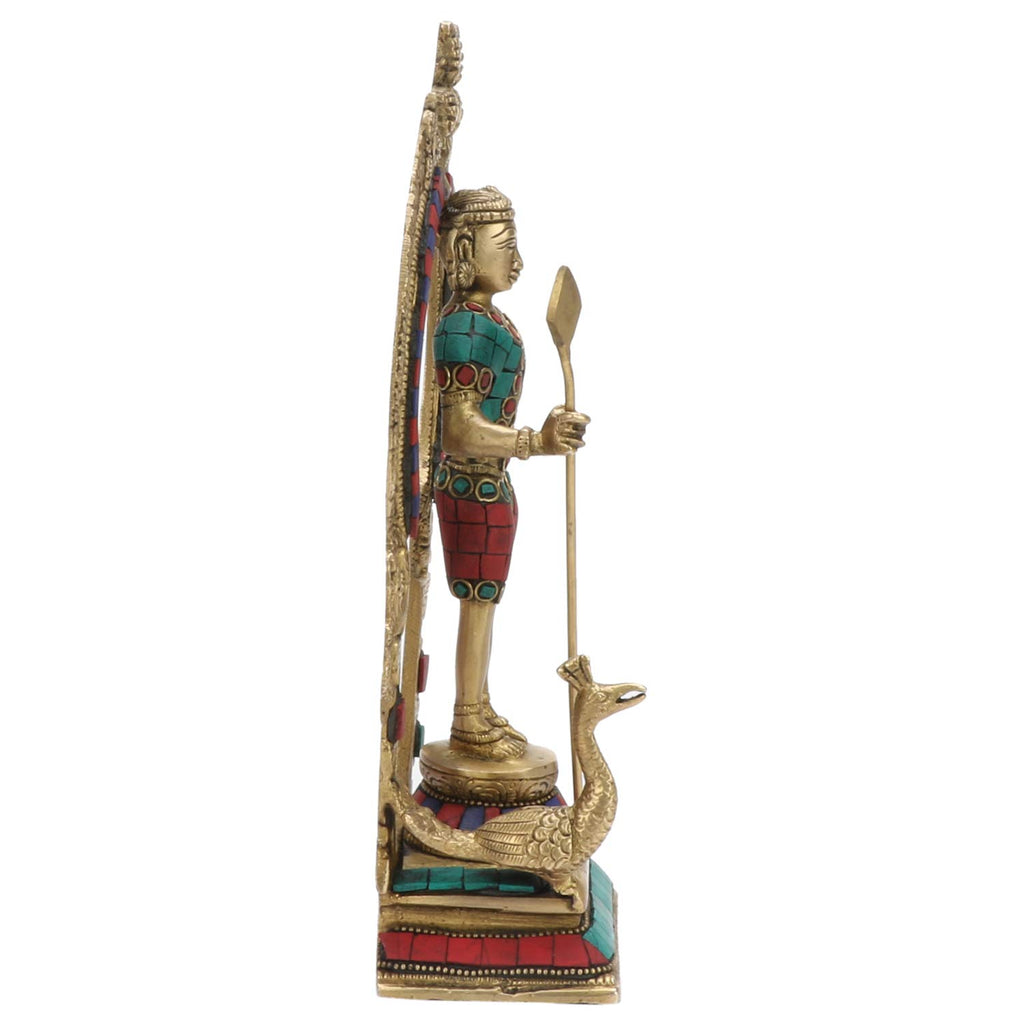 ARTVARKO Lord Swami Kartikeya Ji Kartik Statue with Peacock Brass Multicolor Gemstone Handwork Murugan Subramanya Murti Height 10 Inches