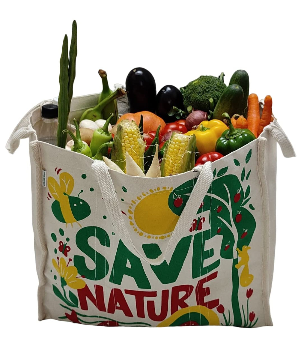 Double Tree Large Heavy Duty Waterproof Grocery Shopping Bag with Compartments for Men Women/Reusable Cotton Canvas Multipurpose Carry Bags with 4 strong Handles for market (Vegetable/Fruits)(1)