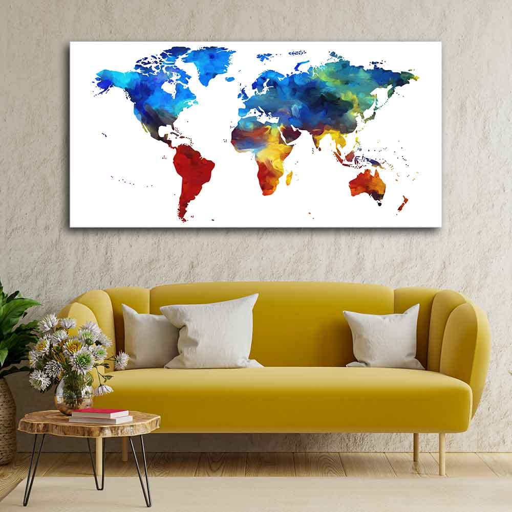 VIBECRAFTS Canvas Paintings for Living Room Drawing Room Colorful World Map Canvas Wall Painting Fitted With Wooden Frame for Home | Office | Gift (PTVCH_2423)