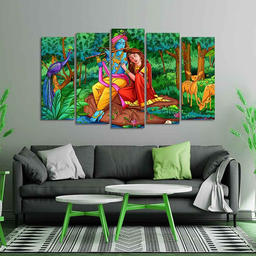 VIBECRAFTS Radha Krishna in Forest Wall Painting of Five Pieces For Home|Office|Living Room|Gift (PTVC5Pcs2_6540)