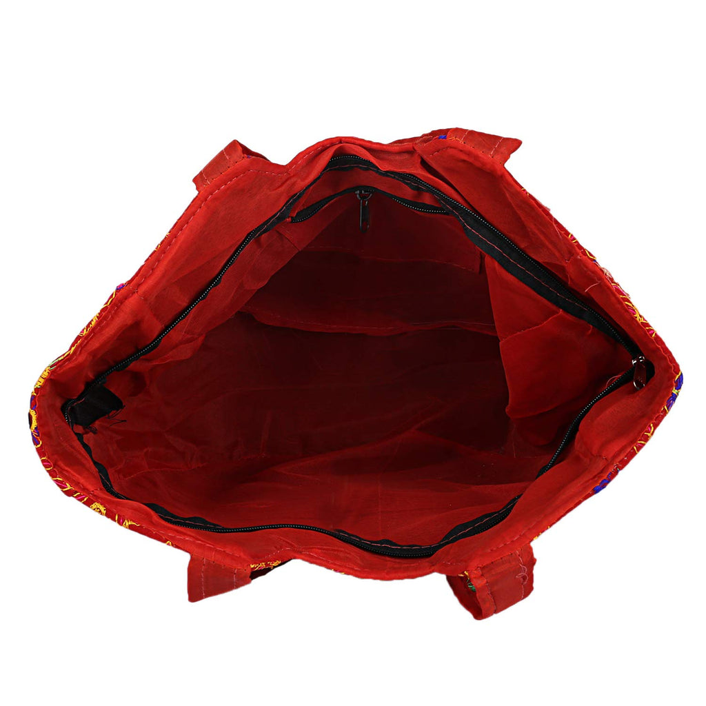 Craft Trade Women's Cotton Tote Bags with Zip 36x30x12 Cm Embriodery Mirror Work Leaf Print Shopping Handbag - Red