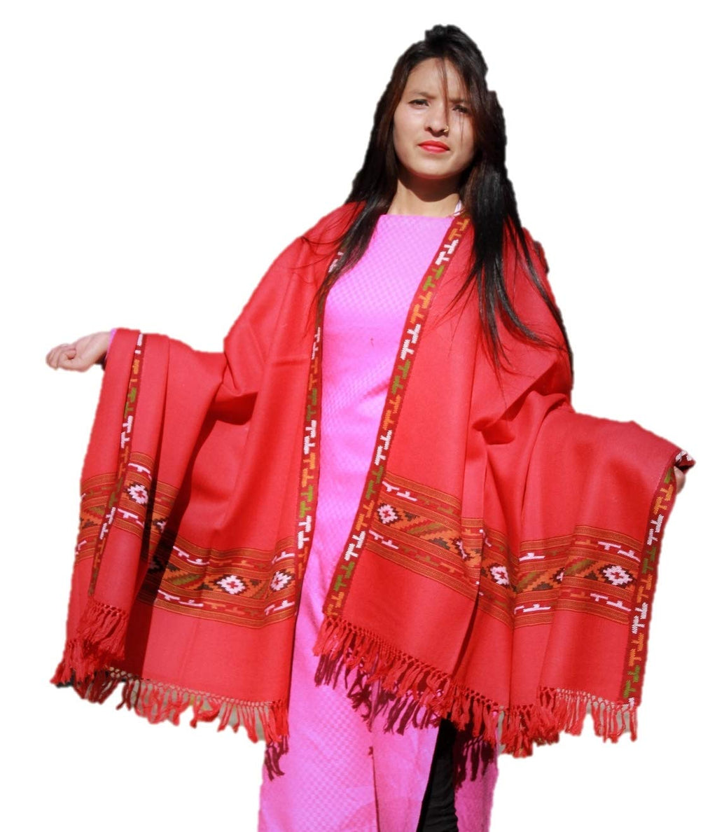 HImalayanKraft Hand Woven Kullu Handloom Woolen Shawl Red Colored with Beautiful Kullu Weaving Designed for Women and Girls.