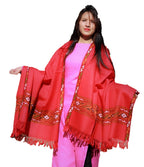 HImalayanKraft Hand Woven Kullu Handloom Woolen Shawl Red Colored with Beautiful Kullu Weaving Designed for Women and Girls.
