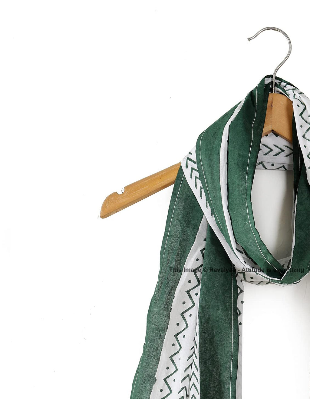 Ravaiyaa - Attitude is everything Hand Block Printed Cotton Long Stole Scarves Hijab Neck Wrap Scarf 71 X 21 Inch (White Green Waves), (female)
