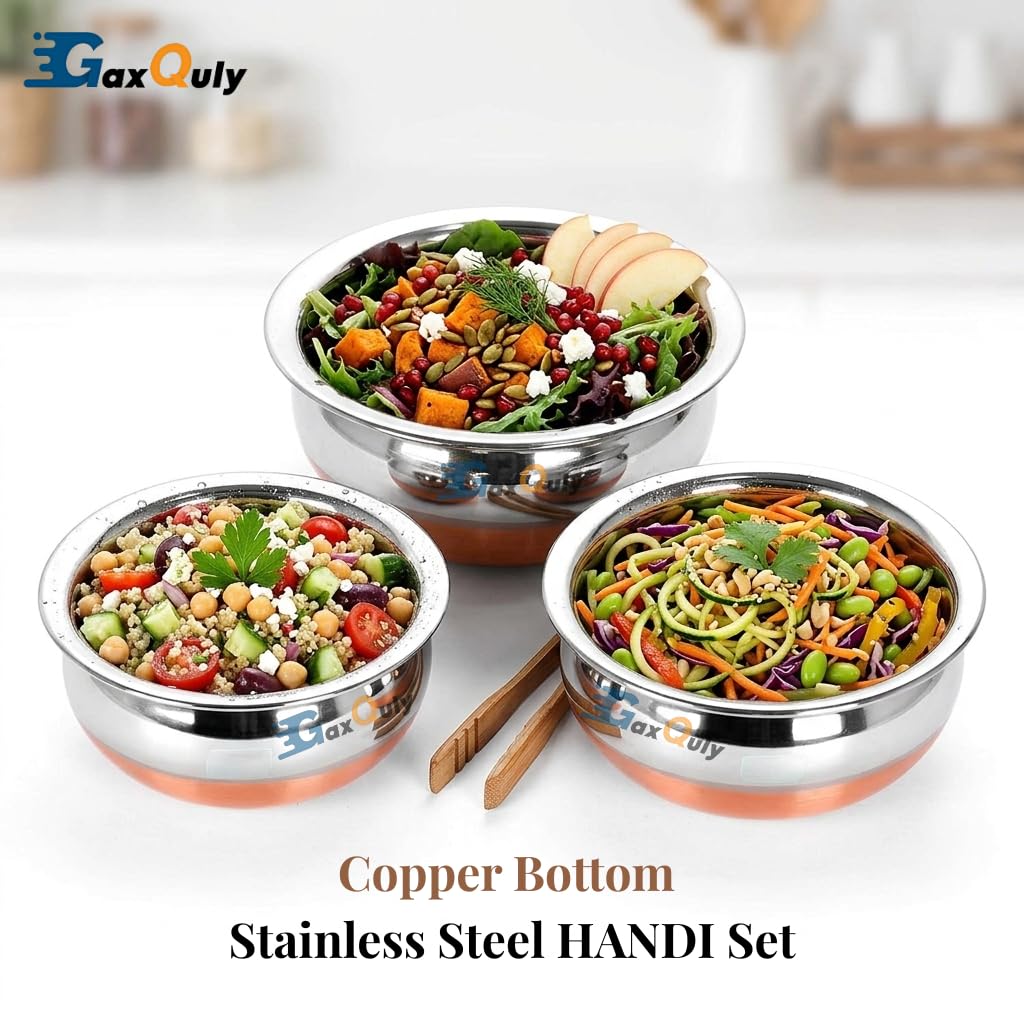 GaxQuly Stainless Steel Copper Bottom Urli Handi Set Kitchen Serving, Cooking Bowl Cookware Set | Milk Pan Tea & Coffee Punjabi Biryani Pot tapeli patila 500ml/750ml/1000ml (Handi 3pcs)