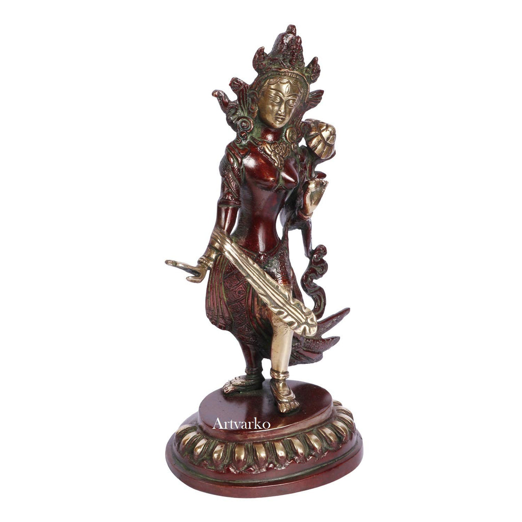 ARTVARKO Brass Goddess Tara Standing Brass Handwork Tibetan Buddhist Deity(Red & Gold Finish)
