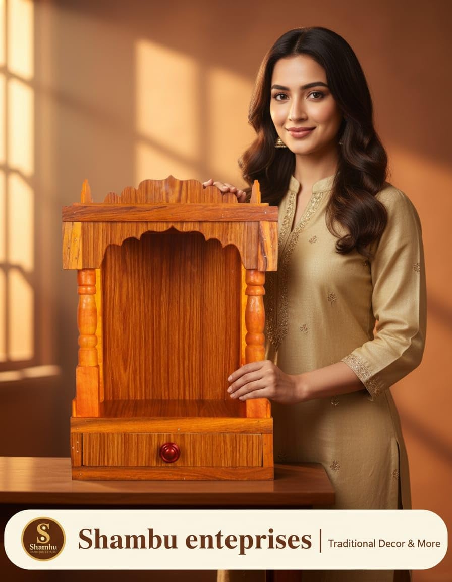 Handcrafted Wooden Mandir for Home & Office (45 x 32 x 22 CM) - Traditional Hindu Temple with Storage Drawer - Teak Finish Wall Hanging Puja Shelf for Daily Prayer and Festivals.