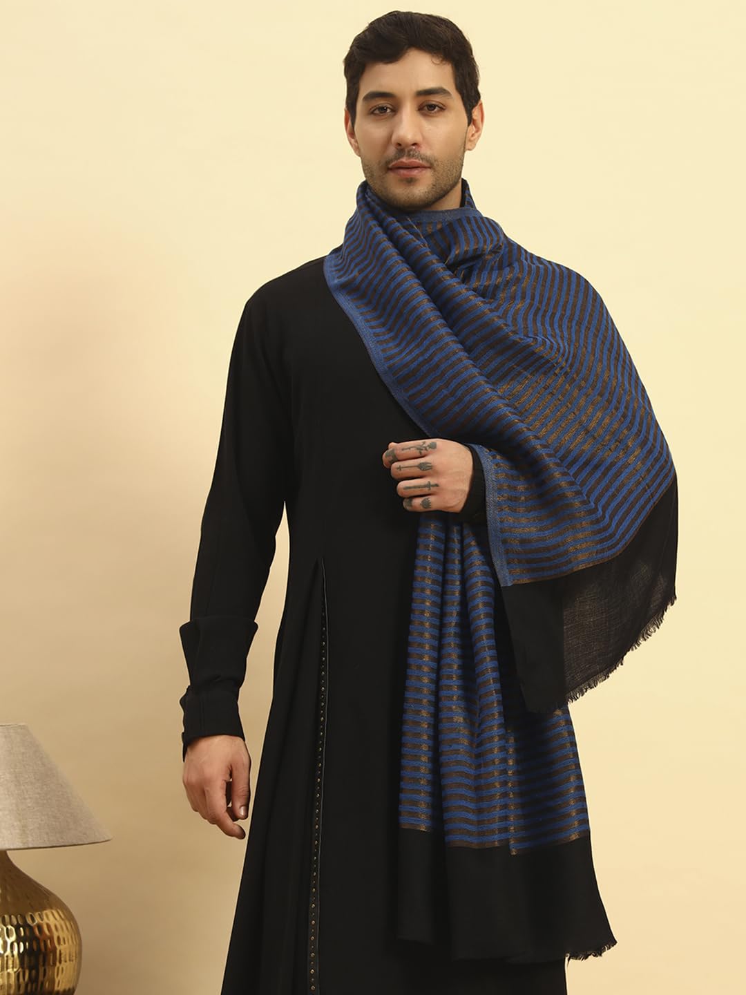 Pashmoda Men Golden Eclipse Reversible Zari Moonlight Fine Wool Stole (Size-28x80in, 71x203cm) MZSST03