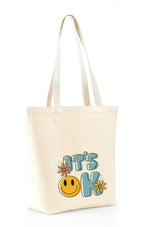 Heu “It’s OK” Smiley Printed Canvas Tote Bag | Cute Aesthetic Reusable Cotton Shoulder Bag | Positive Quote Shopping Tote for Women & Girls