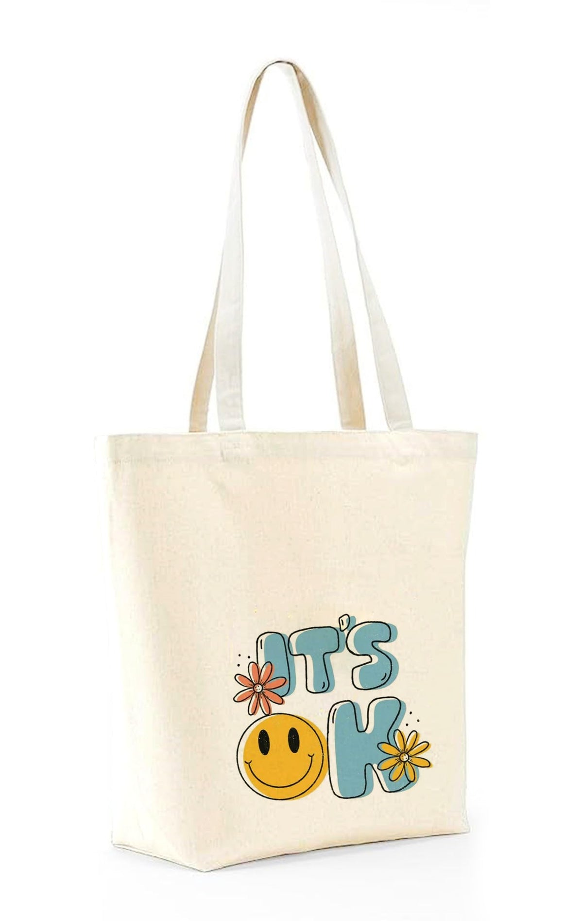 Heu “It’s OK” Smiley Printed Canvas Tote Bag | Cute Aesthetic Reusable Cotton Shoulder Bag | Positive Quote Shopping Tote for Women & Girls