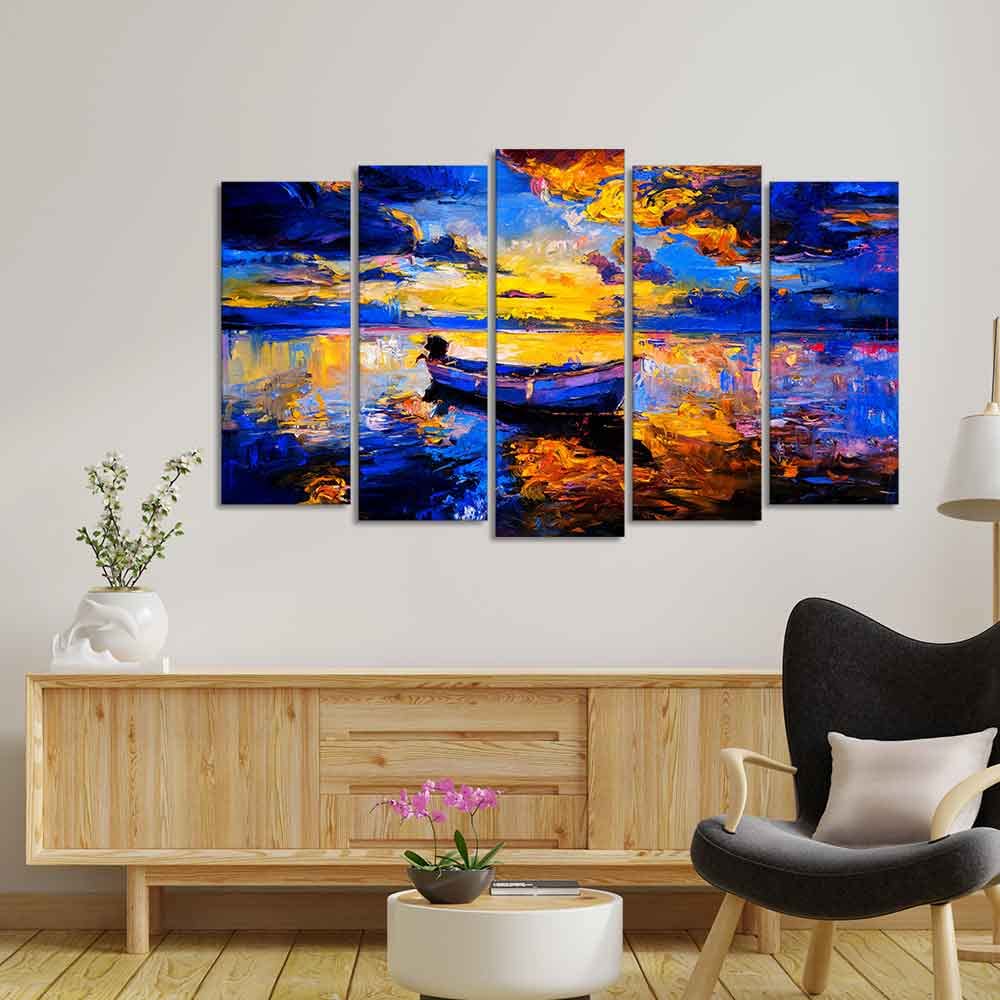 VIBECRAFTS Boat at Colorful Sunset Canvas Wall Painting of Five Pieces For Home|Office|Living Room|Gift (PTVC5Pcs2_6525)