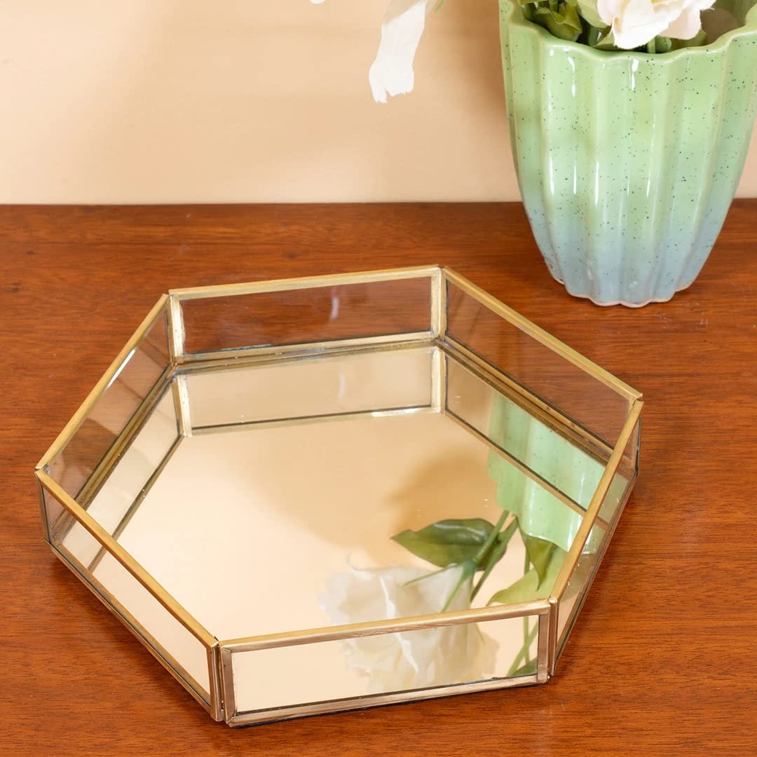 ARTINCO Vintage Glass & Brass Vanity Tray, Hexagonal Home Table Decoration, Makeup Organizer, Vanity Tray, Brass Gold 8x9x1.5 Inches