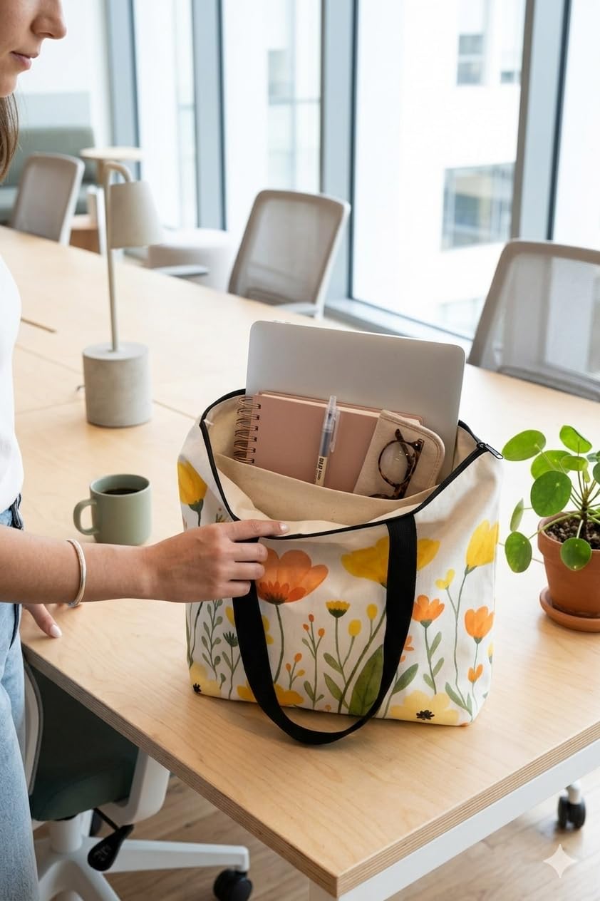HOMELYA Large Cotton Canvas Zippered Tote Bag for Women | Reusable Eco-Friendly Shoulder Carry Bag | Spacious Shopping, Office & College Handbag (Daisy Bloom)