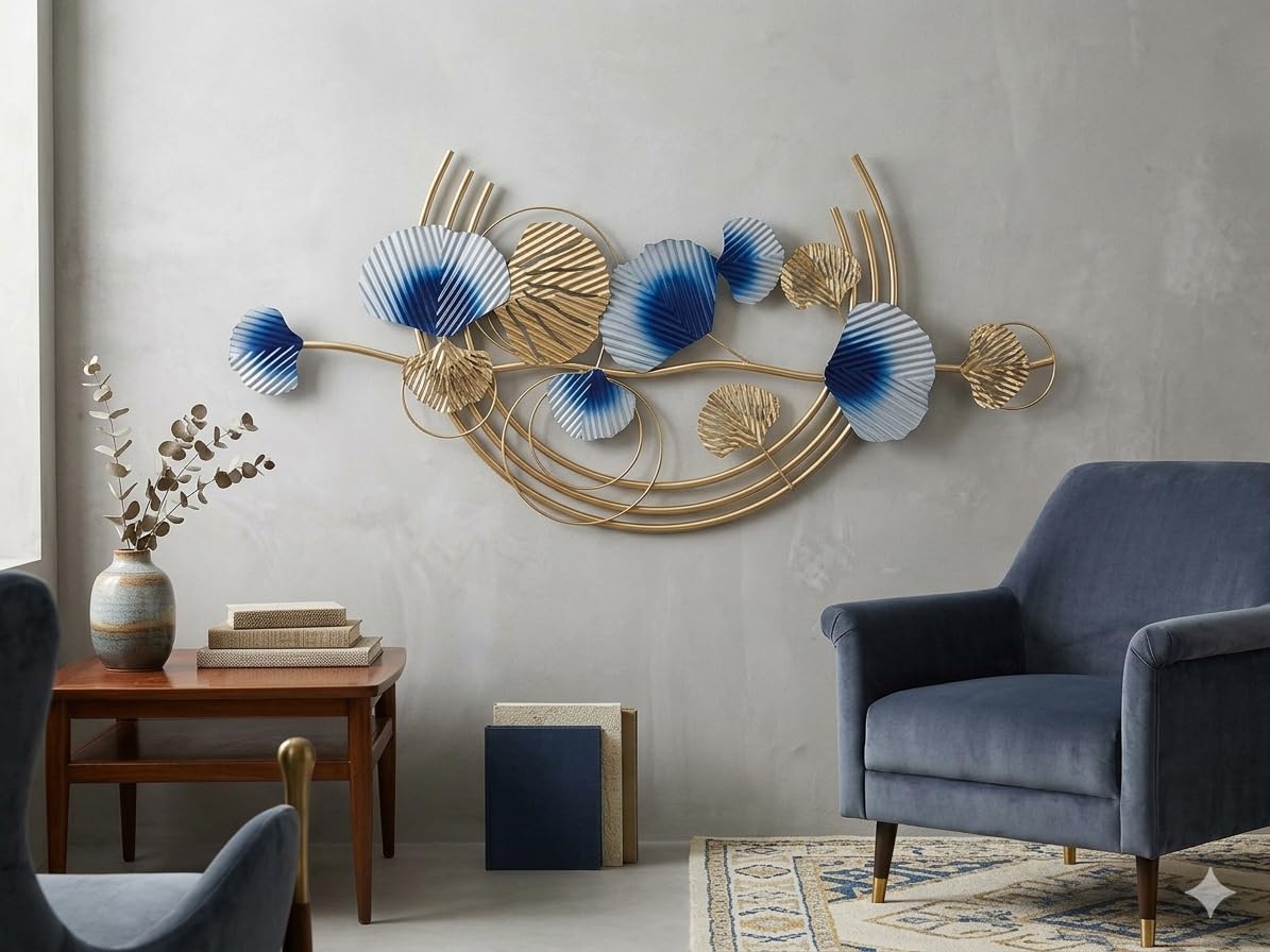 Mahira Artefacts Luxury Metal Wall Art, Blue and Gold Ginkgo Leaf, 3D Floral Design, Modern Decor for Living Room and Bedroom