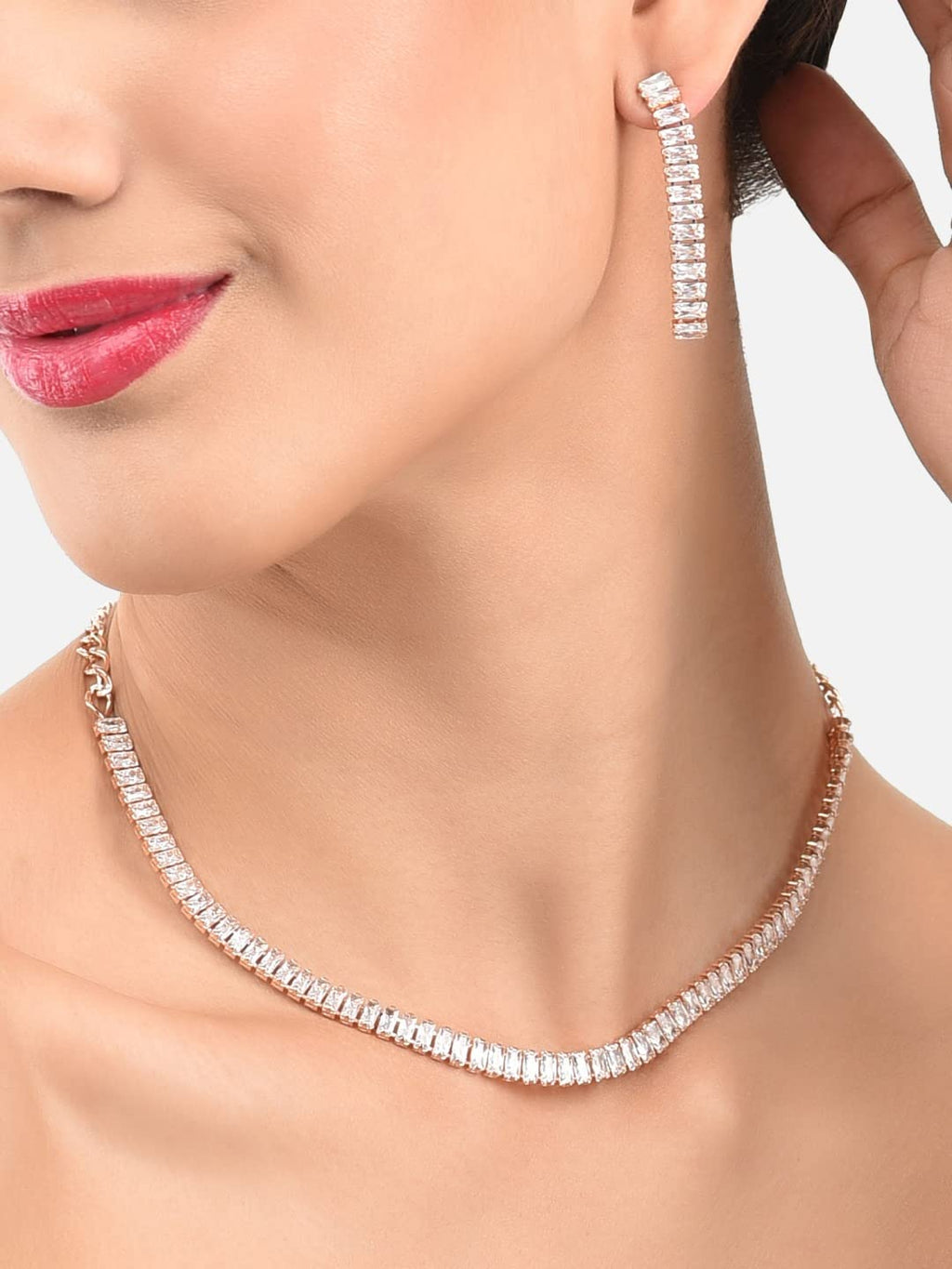 ZAVERI PEARLS Rose Gold Dazzling Baguette Cubic Zirconia Necklace Earring & Bracelet Set For Women-ZPFK12570