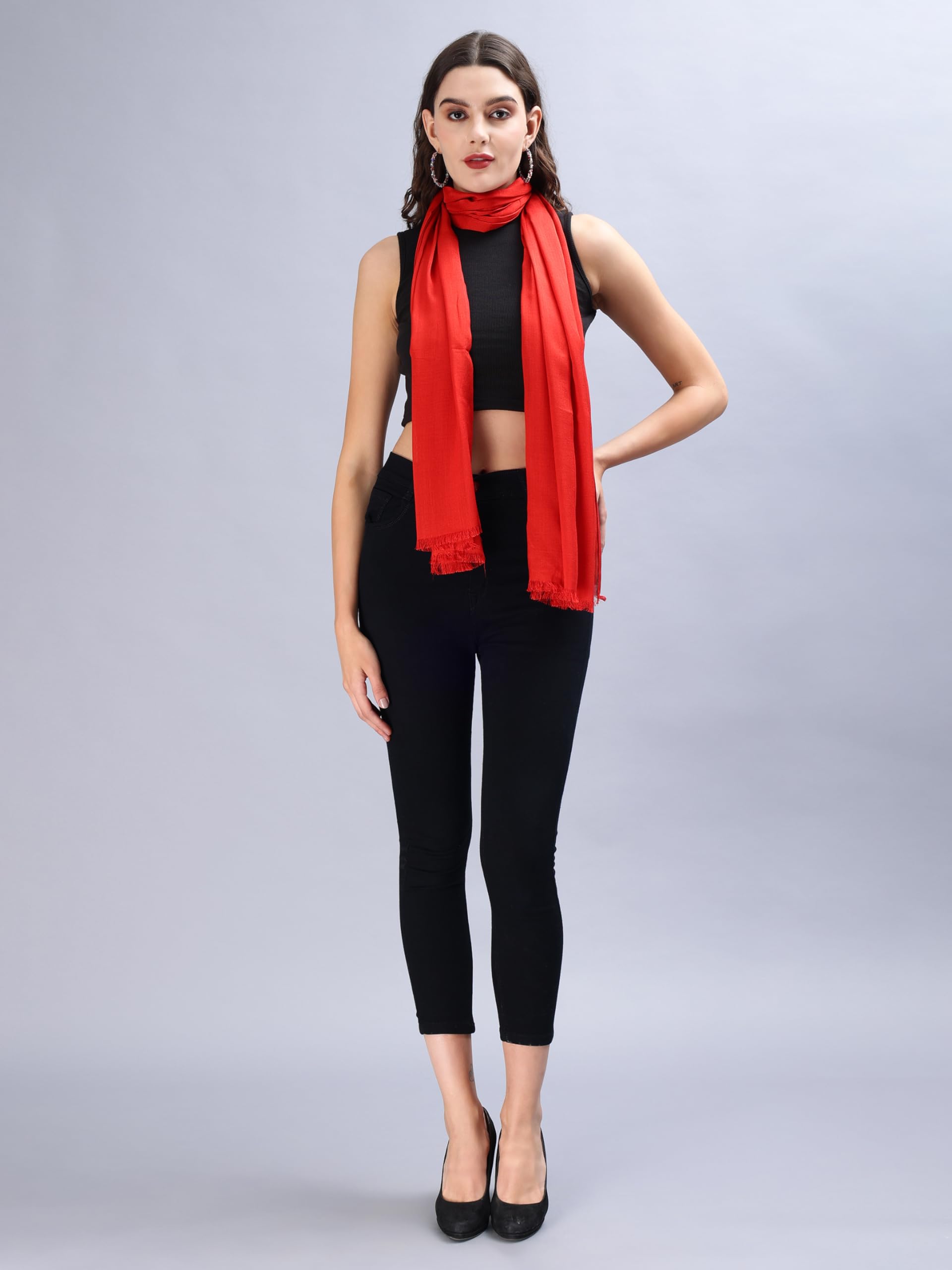 Aditi Wasan Women's Casual Solid 100% Viscose Fancy Soft & Skin-Friendly Wrap/Scarf/Stole Dupatta for women with Tasal Work Suitable for Every Season, Red