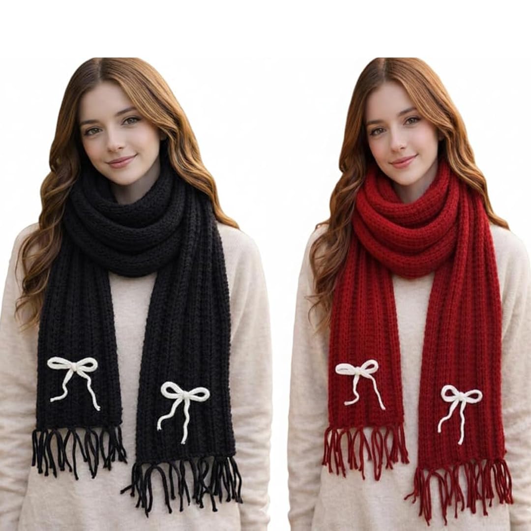 PAUL SONS Knitted Winter Scarf with Bow Detail and Tassel Ends, Black and Red, Women's Warm Wrap (PACK OF 2)