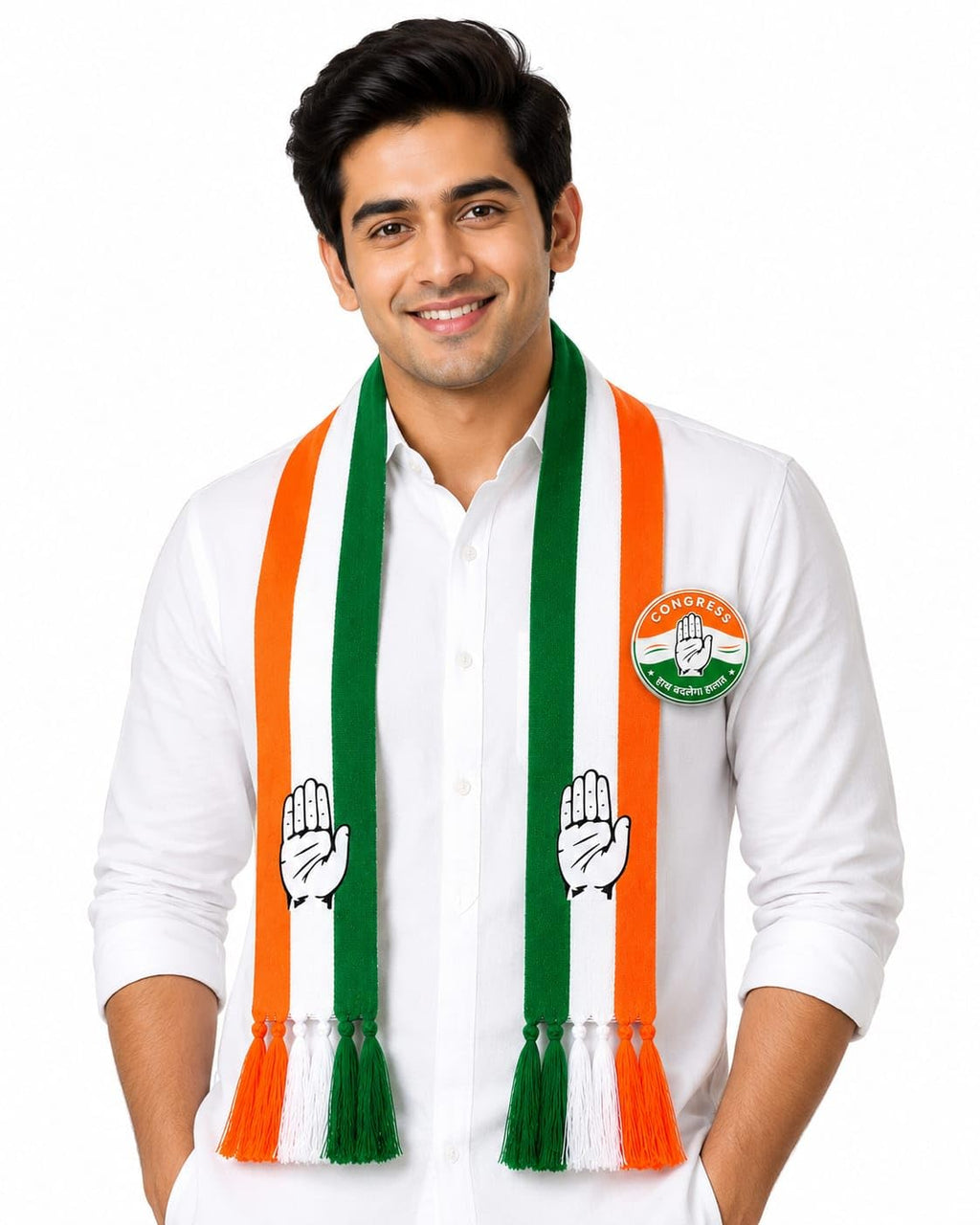 Shrim Aaradhya Congress Scarf with Badge Combo, Cotton, Unisex || Indian National Congress Party Patka || Haath Badlega Halaat || Congress Political Party Badge || Congress Gamcha Muffler